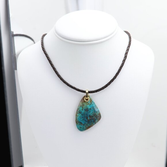 Chrysocolla Natural Stone Necklace 14K Yellow Gold & Leather - Picture 6 of 11